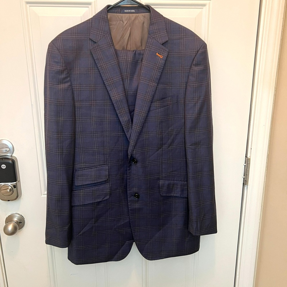 Jos. A. Bank 42L 100% Wool Navy Glen Plaid Suit Double Pleated Cuffed Pants
